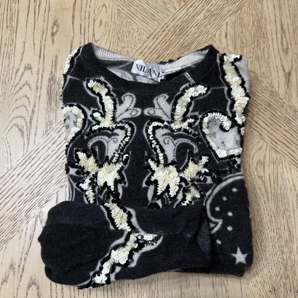 VTG Nilani Medium Black White Lambswool Angora Sequined Sweater‎ Vintage
